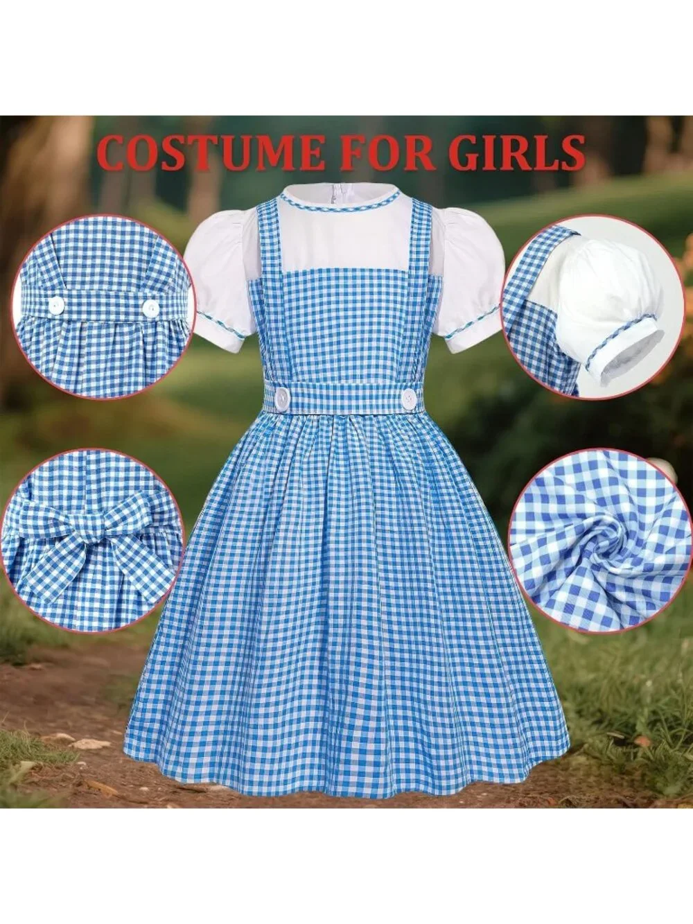 Girls（10-12 Years) Oz Blue Plaid Dress Set Halloween Costume Kids Cosplay